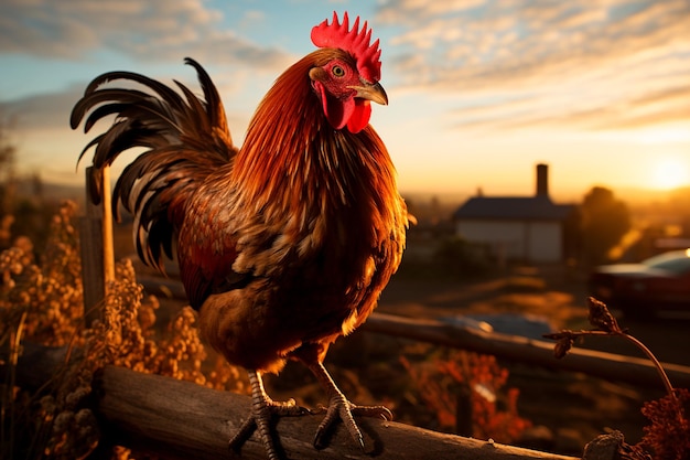 a red rooster with a rooster on the fence at sunset