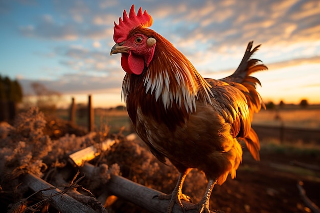 a red rooster with a rooster on the fence at sunset