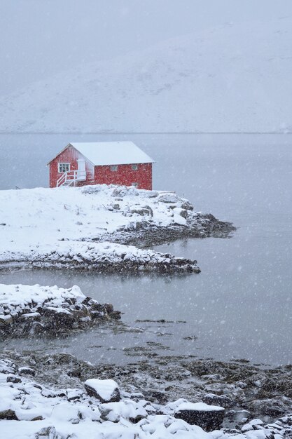 Фото Красный рорбу дом зимой, лофотенские острова, норвегия