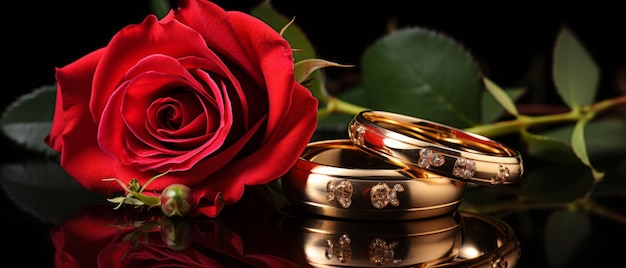 Фото Красная роза и два золотых обручальных кольца на белой поверхности изображены реалистично генеративный ии