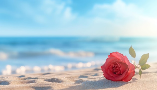 Red rose on the beach with sea background Valentines day concept