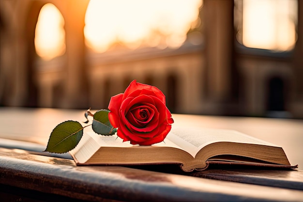 red rose on a book on a background library book day concept