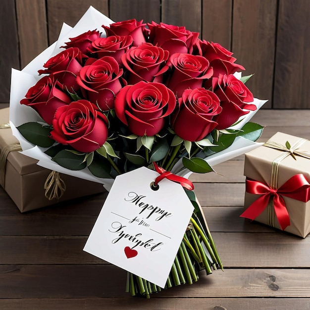 Photo red rose bouquet with gift tag