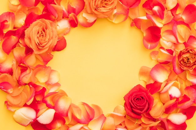 Photo red rose buds and petals arranged in round frame over orange