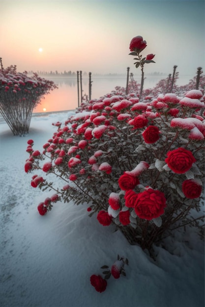 Red rose bush covered in snow next to a body of water generative ai