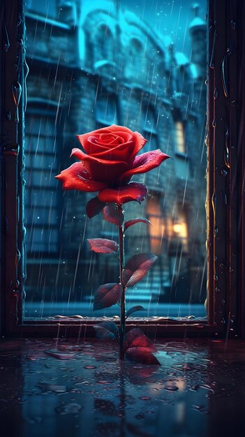 A red rose by the window in the rain