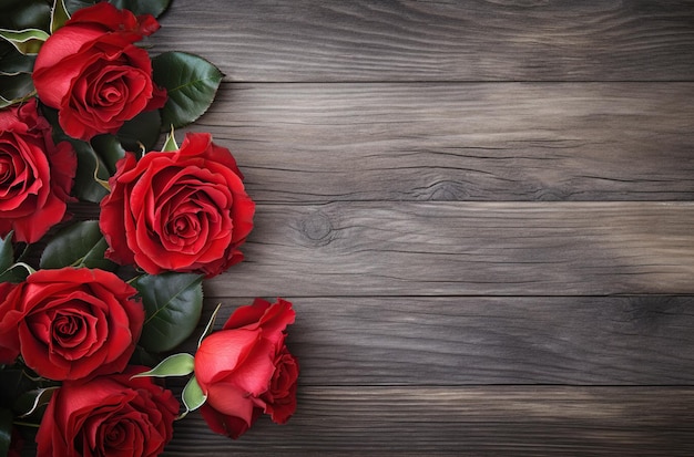 Red rose composition on wooden tabletop