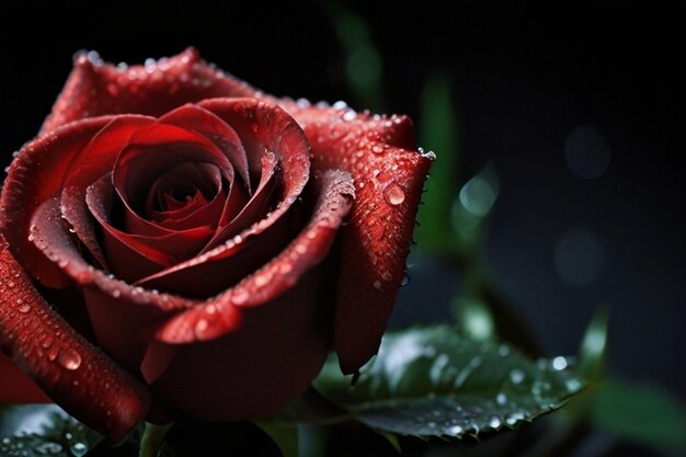 Red Rose Covered in Sparkling Dew Drops in Elegant Macro Photography on Black Surface