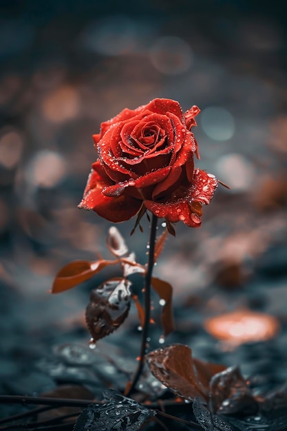 水滴で覆われた赤いバラ