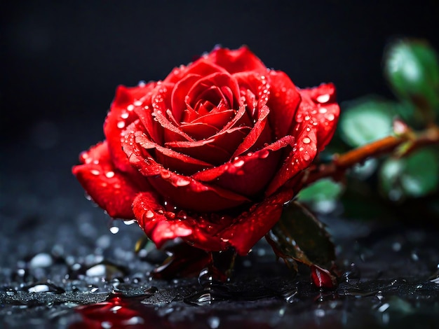 暗い背景の赤いバラと露の滴のクローズアップ画像ダウンロード