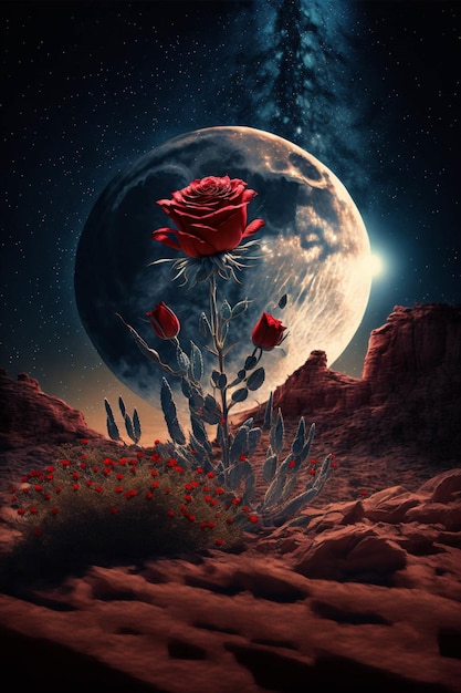 Red rose in the desert with a full moon in the background generative ai