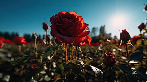 A red rose in a field of roses