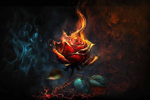炎の中で赤いバラ