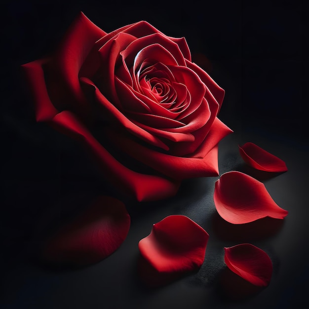 Red Rose Flower On Black Background And Petals Photographed