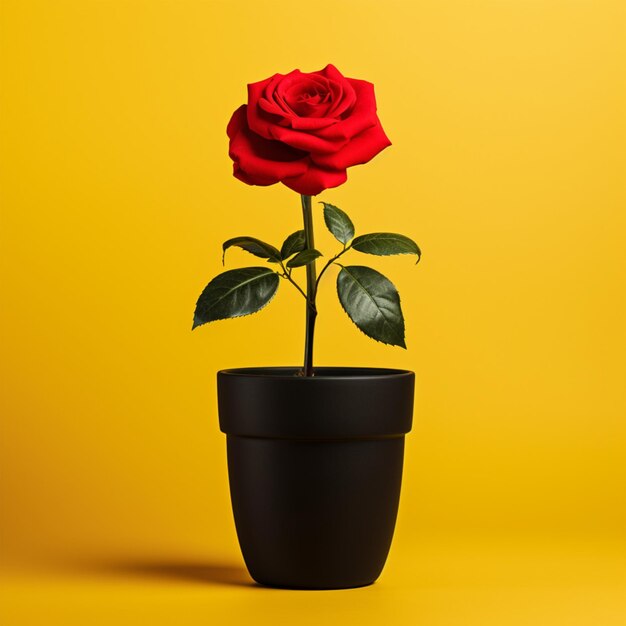 red rose flower in black flowerpot floating solid color on yellow background