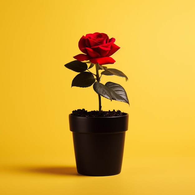 Red rose flower in black flowerpot floating solid color on yellow background