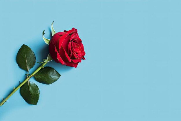 Red rose flower on blue background Romantic Valentine's holiday concept