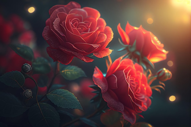 Foto fiore di rosa rossa nel giardino di fiori e luce solare con bokeh