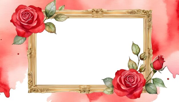 Red Rose Flower Gold frame watercolor pattern background