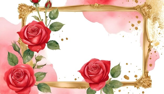 Red Rose Flower Gold frame watercolor pattern background