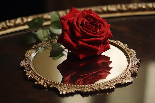 Red rose flower in mirror reflection on table