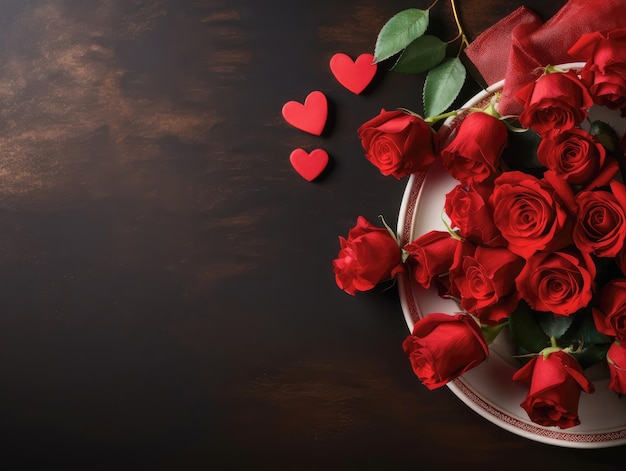 Foto fiore di rosa rossa cuori rossi su uno sfondo di legno scuro concetto di san valentino copia vista superiore dello spazio