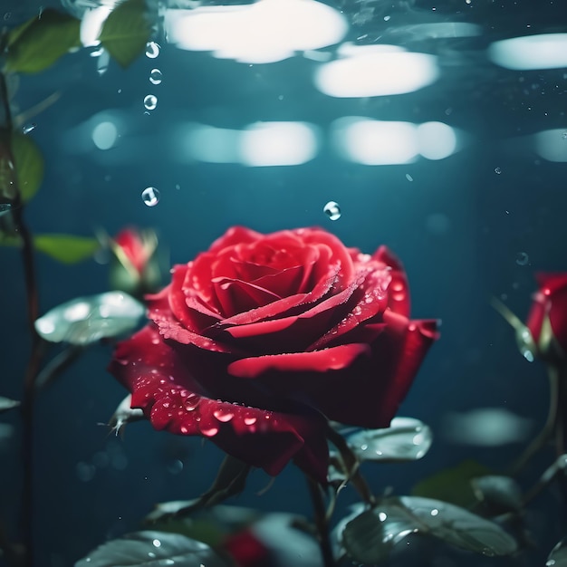 水中の赤いバラの花