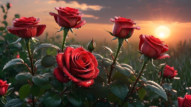 red rose flowers in drops of dew at sunset