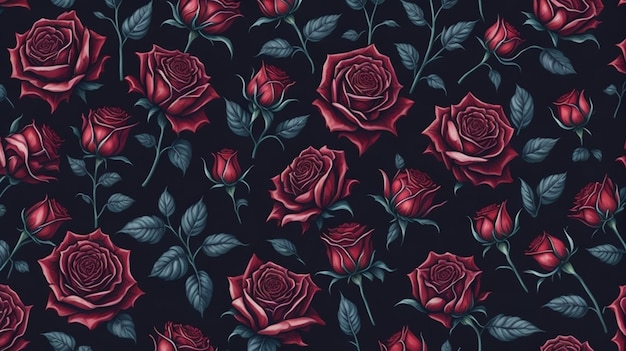 red rose flowers watercolor seamless pattern