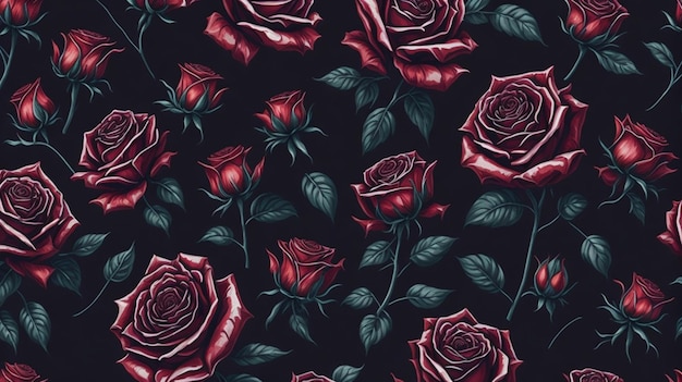 red rose flowers watercolor seamless pattern