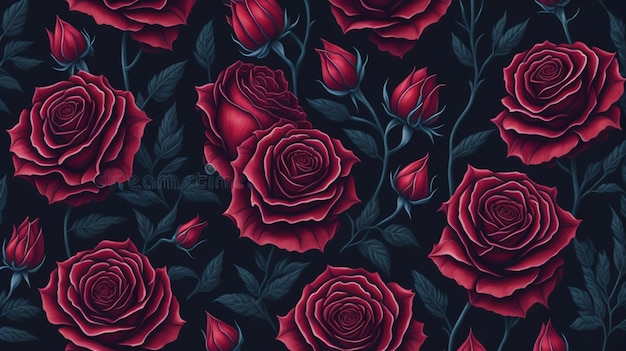 red rose flowers watercolor seamless pattern