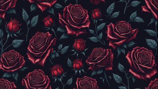 red rose flowers watercolor seamless pattern