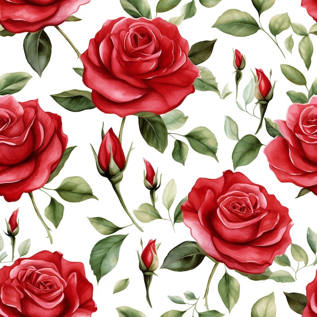 Red rose flowers watercolor seamless patterns