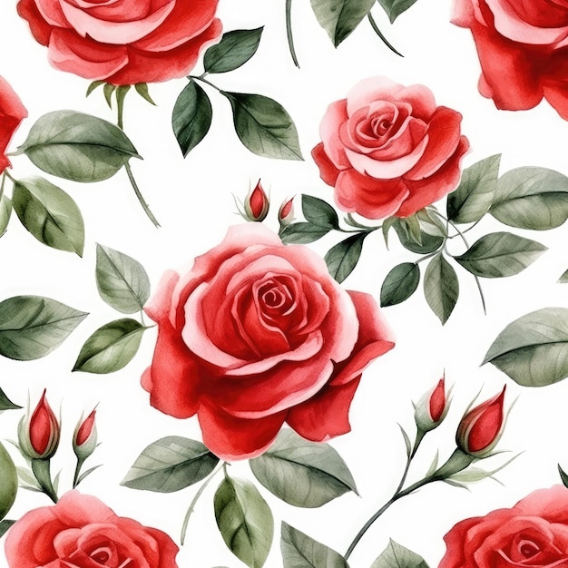빨간 장미 꽃 수채화 원활한 패턴