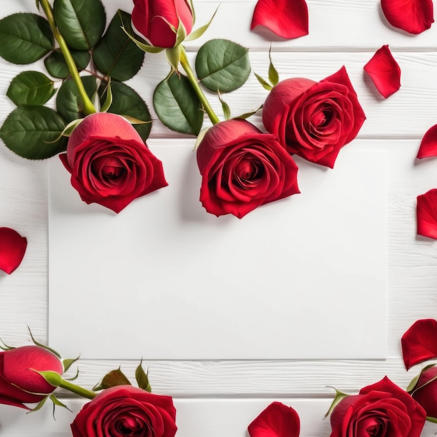 白い木の背景の上に赤いバラの花がバレンタインデーのロマンチックなグリーティングカード