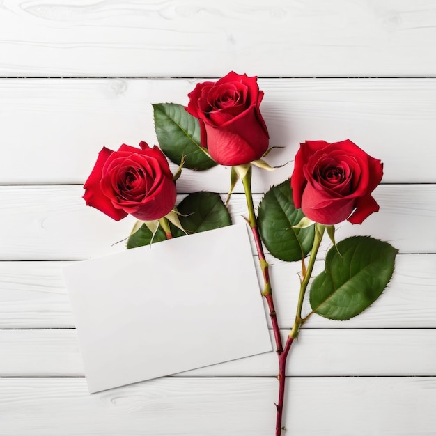 Red rose flowers over white wood background Romantic greeting card for Valentines Day