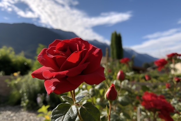 Photo a red rose in a garden with mountains in the background