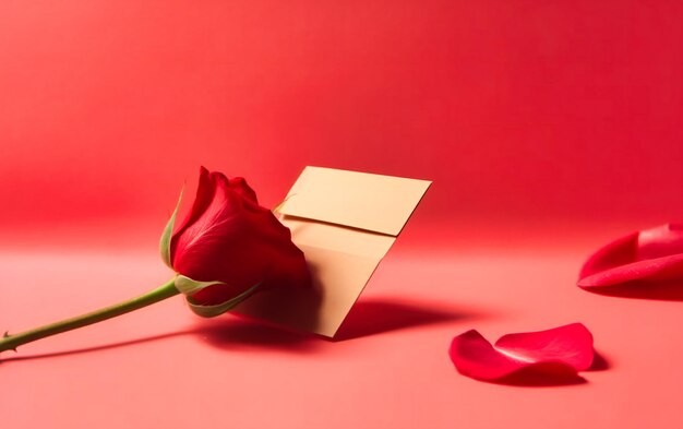 A red rose and gift card on a pink background