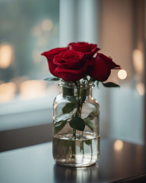 A red rose in glass bottle on wood table happy velentines day