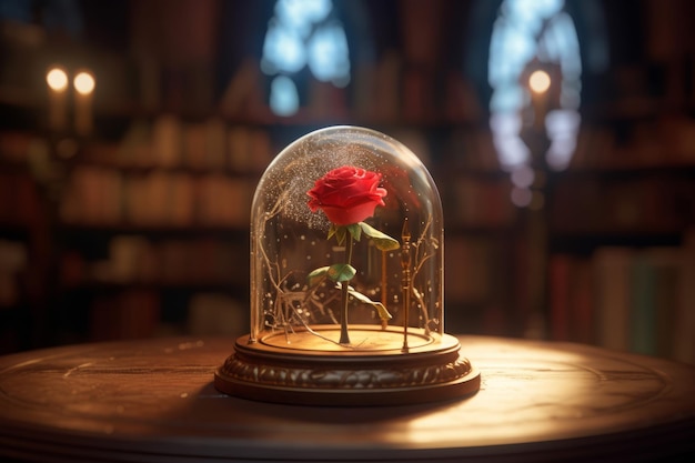 Red rose in a glass vase on a table in a library