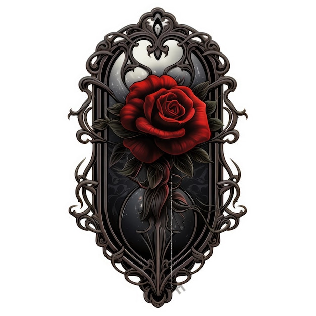 Photo a red rose in a gothic style frame digital image