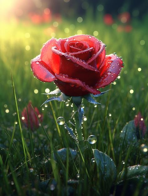 A red rose in the grass with dew on it