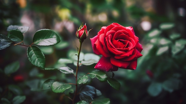 A red rose is in the background of a green leafy plant.