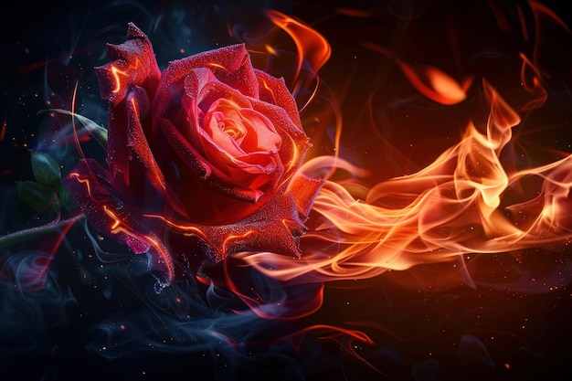 Foto una rosa rossa sta bruciando in fiamme con uno sfondo rosso