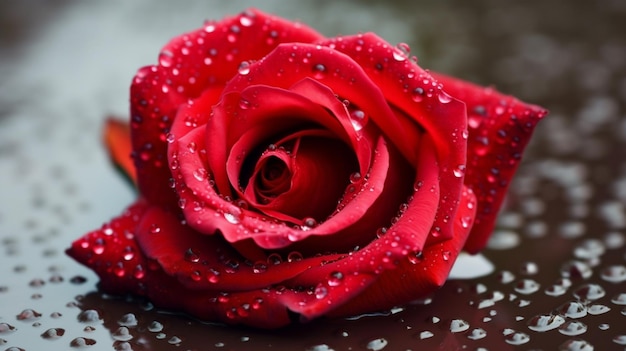 A red rose is covered in water droplets.