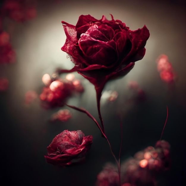 A red rose is in the dark and has a black background.