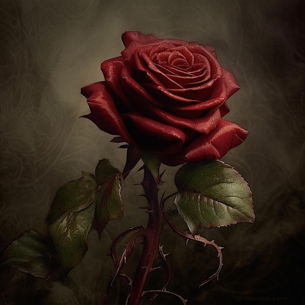 A red rose is in a dark room.