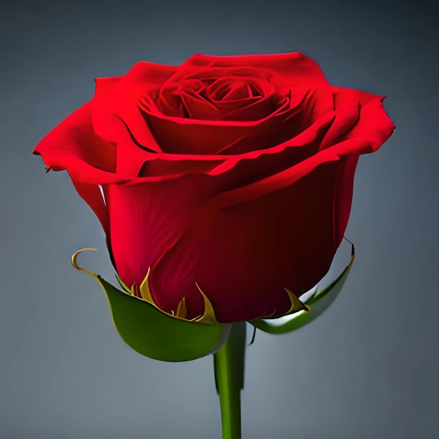 A red rose is in front of a gray background.