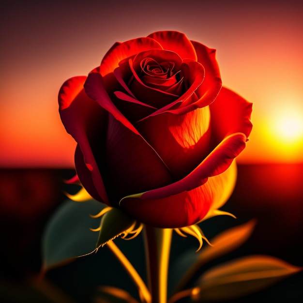 A red rose is in front of a sunset.