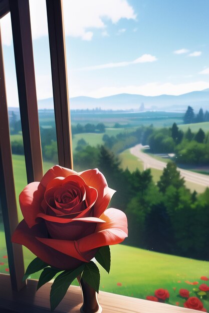 Photo a red rose is in front of a window with a view of a country road.